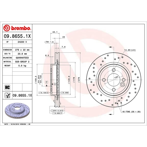 brembo Premium Xtra Cross Drilled UV Coated 1-Piece Front Brake Rotors 09.8655.1X