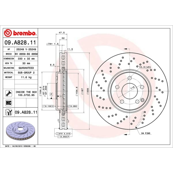 brembo UV Coated Series Drilled Vented Front Brake Rotor 09.A828.11