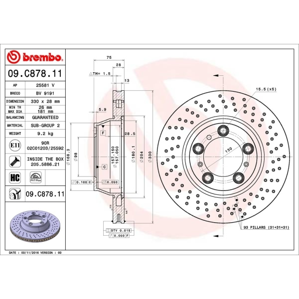 brembo UV Coated Series Drilled Vented Rear Driver Side Brake Rotor 09.C878.11