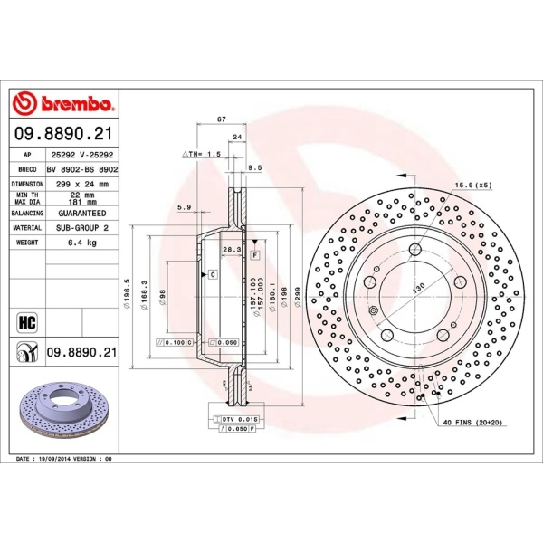 brembo UV Coated Series Drilled Vented Rear Brake Rotor 09.8890.21