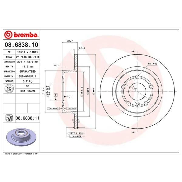 brembo UV Coated Series Solid Rear Brake Rotor 08.6838.11