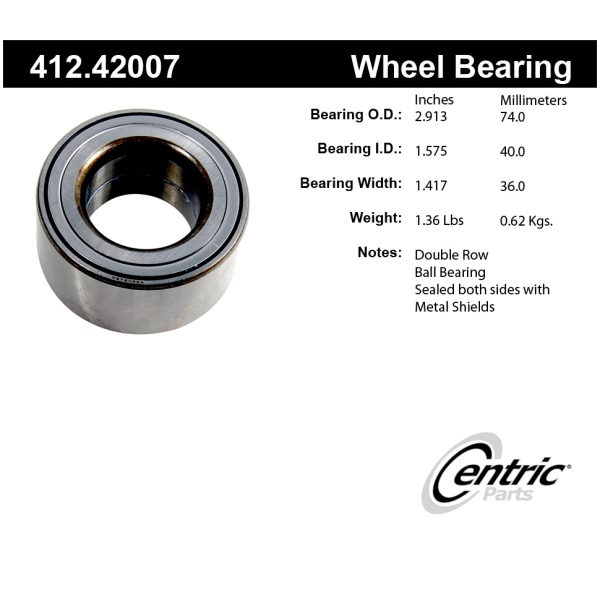 Centric Premium™ Front Passenger Side Double Row Wheel Bearing 412.42007