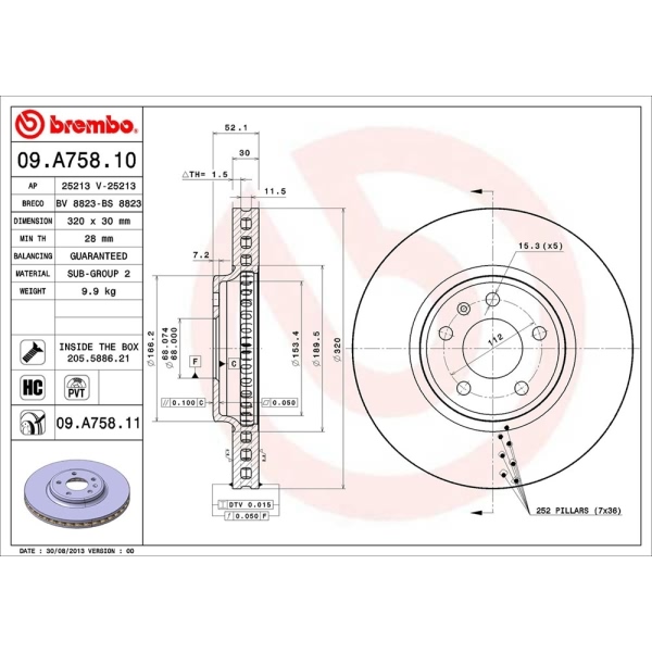 brembo UV Coated Series Vented Front Brake Rotor 09.A758.11