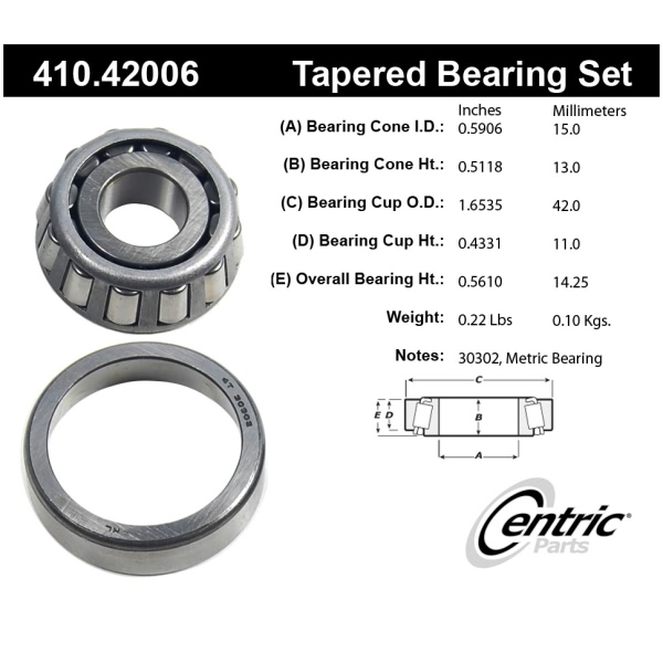 Centric Premium™ Front Passenger Side Outer Wheel Bearing and Race Set 410.42006