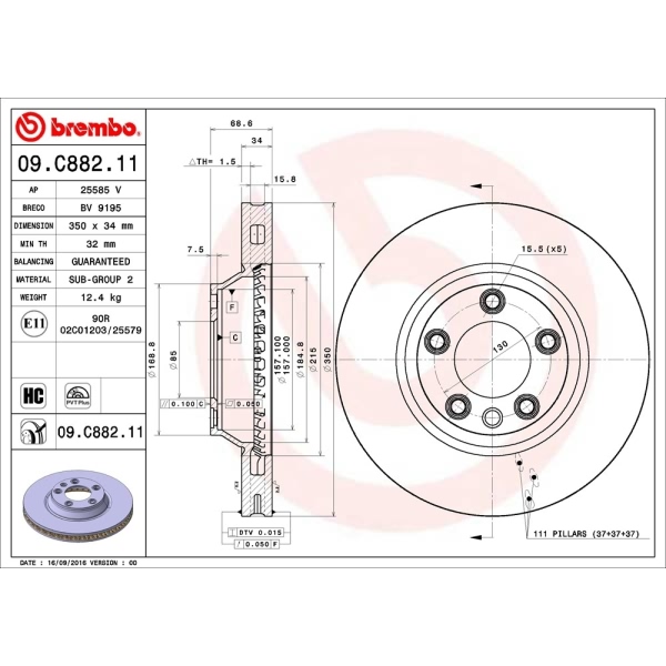 brembo UV Coated Series Vented Front Driver Side Brake Rotor 09.C882.11