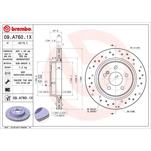 brembo Premium Xtra Cross Drilled UV Coated 1-Piece Rear Brake Rotors 09.A760.1X