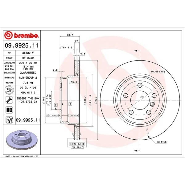 brembo UV Coated Series Vented Rear Brake Rotor 09.9925.11