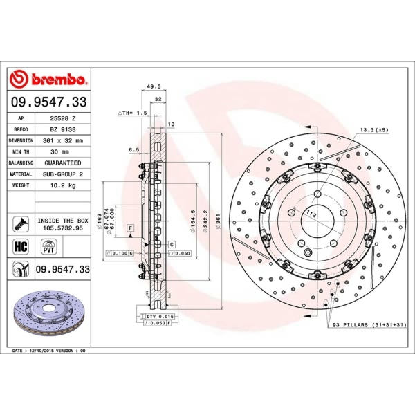 brembo OE Replacement Drilled and Slotted Vented Front Brake Rotor 09.9547.33