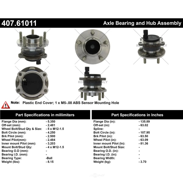 Centric Premium™ Rear Driver Side Non-Driven Wheel Bearing and Hub Assembly 407.61011