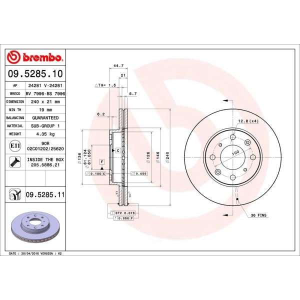 brembo UV Coated Series Vented Front Brake Rotor 09.5285.11