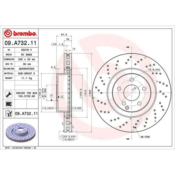 brembo UV Coated Series Drilled Vented Front Brake Rotor 09.A732.11