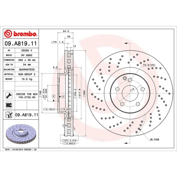 brembo UV Coated Series Drilled Vented Front Brake Rotor 09.A819.11