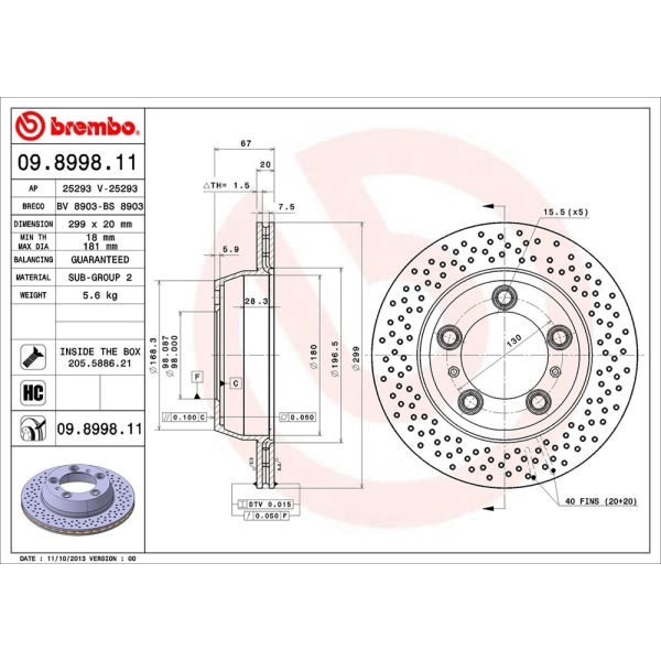 brembo UV Coated Series Drilled Vented Rear Brake Rotor 09.8998.11