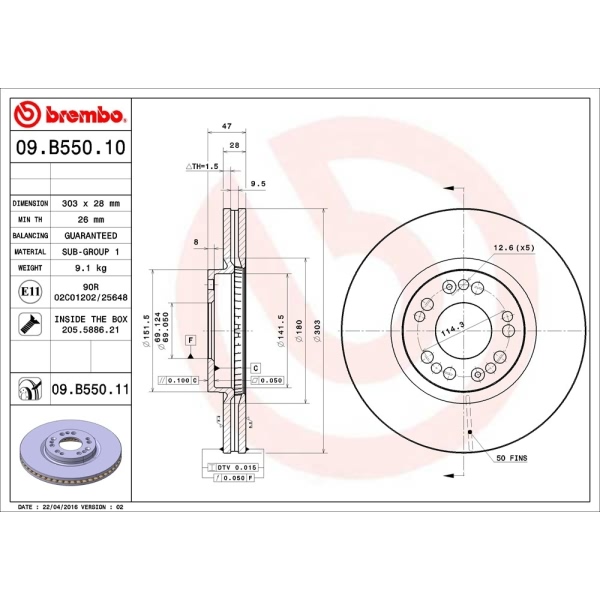 brembo UV Coated Series Vented Front Brake Rotor 09.B550.11