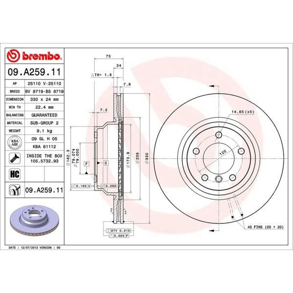 brembo UV Coated Series Vented Front Brake Rotor 09.A259.11