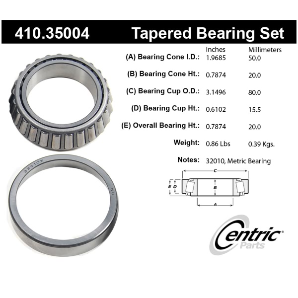 Centric Premium™ Front Driver Side Inner Wheel Bearing and Race Set 410.35004