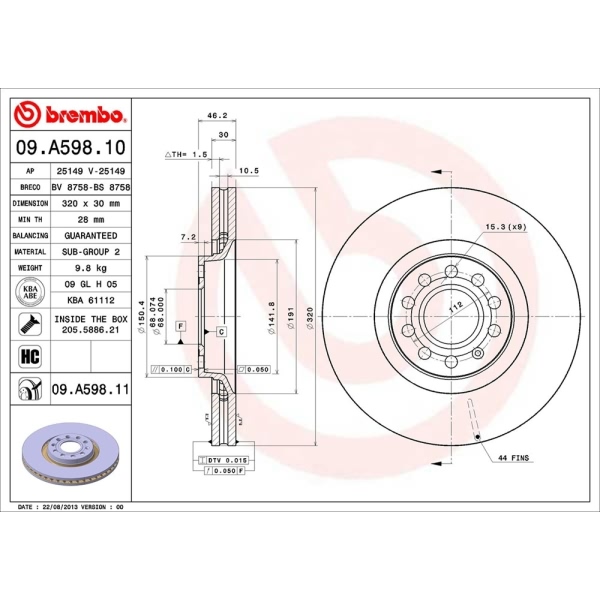 brembo UV Coated Series Vented Front Brake Rotor 09.A598.11