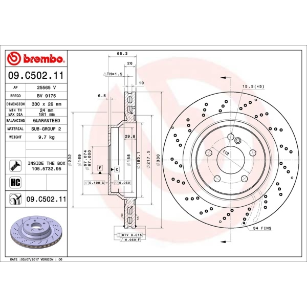 brembo UV Coated Series Drilled Vented Rear Brake Rotor 09.C502.11