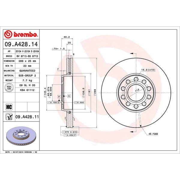 brembo UV Coated Series Vented Front Brake Rotor 09.A428.11