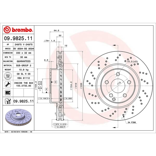 brembo UV Coated Series Drilled Vented Front Brake Rotor 09.9825.11