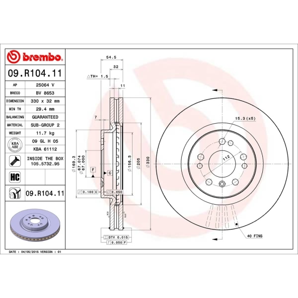 brembo UV Coated Series Vented Front Brake Rotor 09.R104.11