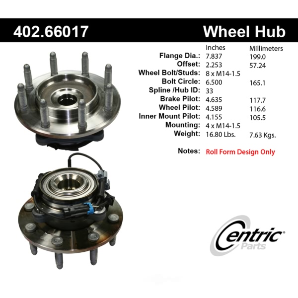 Centric Premium™ Front Passenger Side Wheel Bearing and Hub Assembly 402.66017