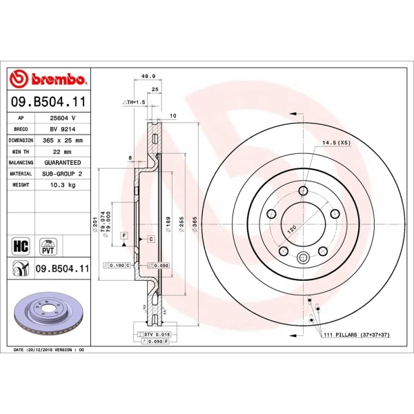 brembo UV Coated Series Vented Rear Brake Rotor 09.B504.11