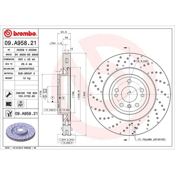 brembo UV Coated Series Drilled Vented Front Brake Rotor 09.A958.21