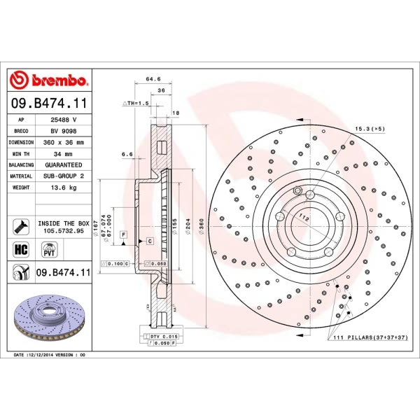 brembo UV Coated Series Drilled Vented Front Brake Rotor 09.B474.11