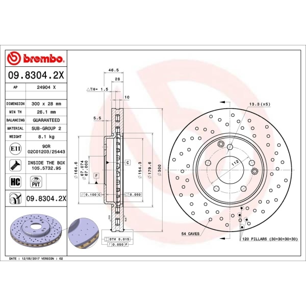 brembo Premium Xtra Cross Drilled UV Coated 1-Piece Front Brake Rotors 09.8304.2X