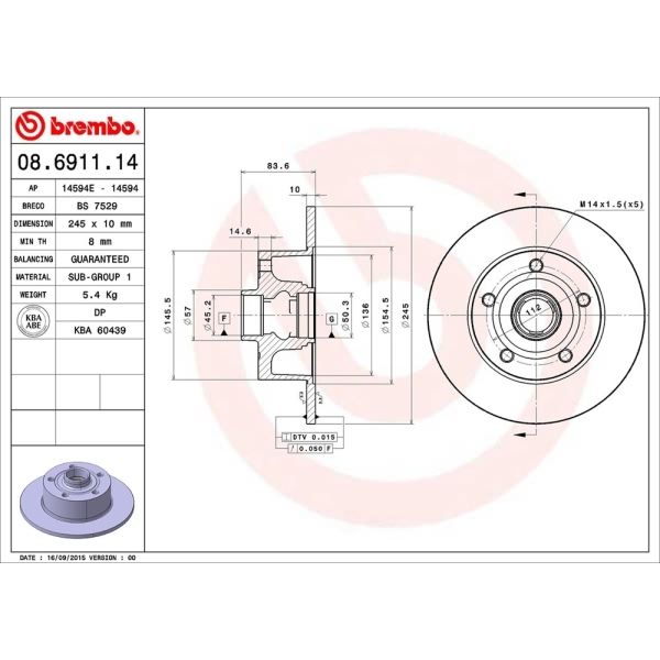 brembo OE Replacement Solid Rear Brake Rotor 08.6911.14