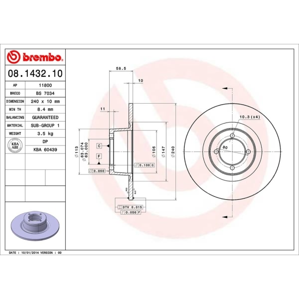 brembo OE Replacement Solid Front Brake Rotor 08.1432.10