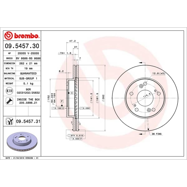 brembo UV Coated Series Vented Front Brake Rotor 09.5457.31