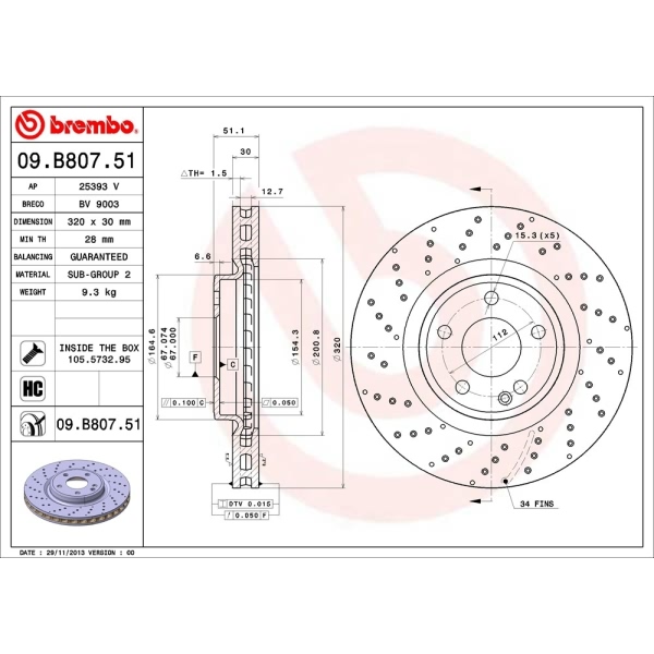 brembo UV Coated Series Drilled Vented Front Brake Rotor 09.B807.51
