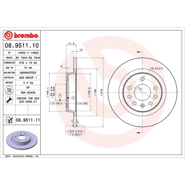 brembo UV Coated Series Solid Rear Brake Rotor 08.9511.11