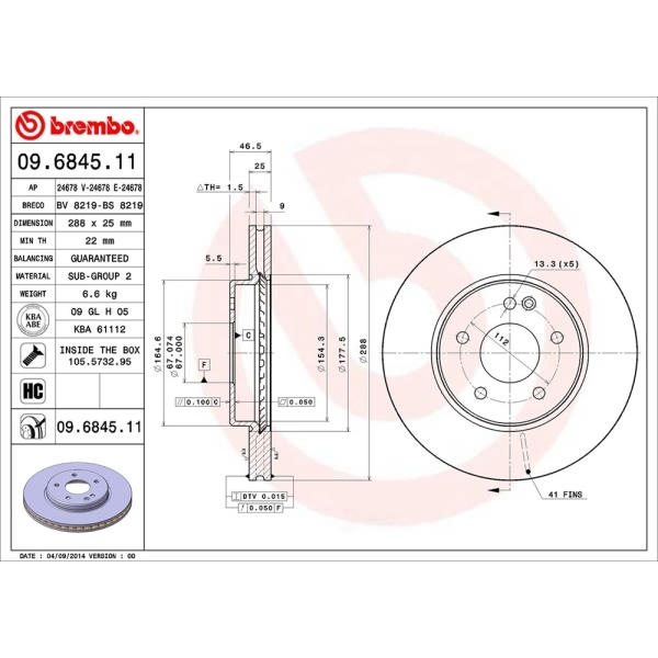 brembo UV Coated Series Vented Front Brake Rotor 09.6845.11