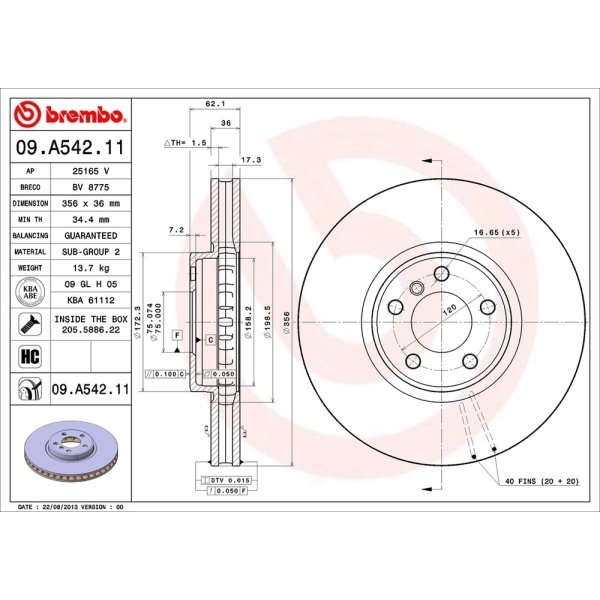 brembo UV Coated Series Vented Front Brake Rotor 09.A542.11