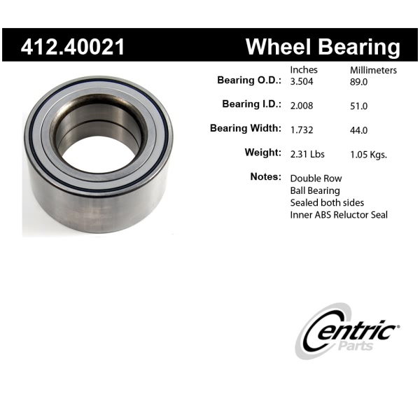 Centric Premium™ Rear Driver Side Double Row Wheel Bearing 412.40021