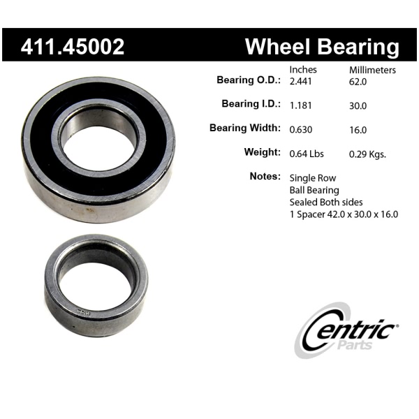 Centric Premium™ Rear Driver Side Single Row Wheel Bearing 411.45002