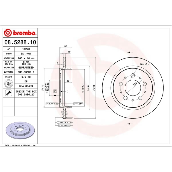 brembo OE Replacement Solid Rear Brake Rotor 08.5288.10