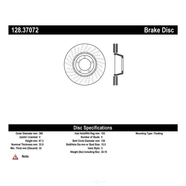 Centric SportStop Drilled 1-Piece Front Driver Side Brake Rotor 128.37072