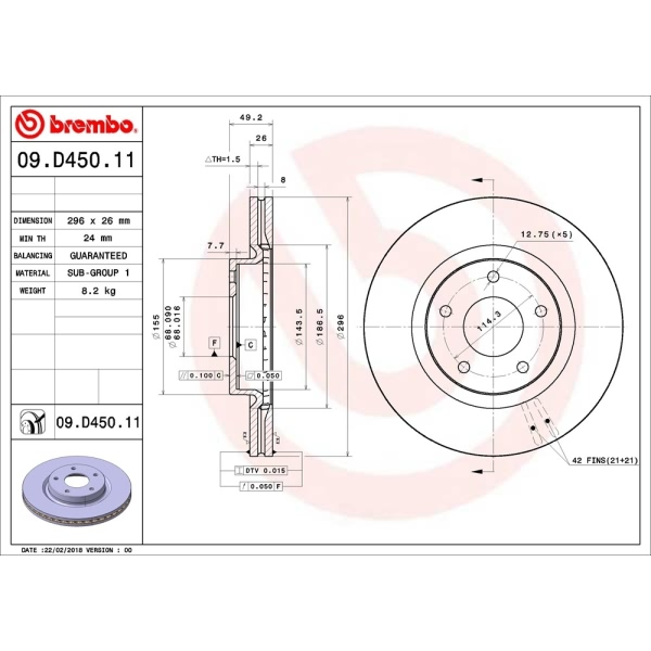 brembo UV Coated Series Vented Front Brake Rotor 09.D450.11