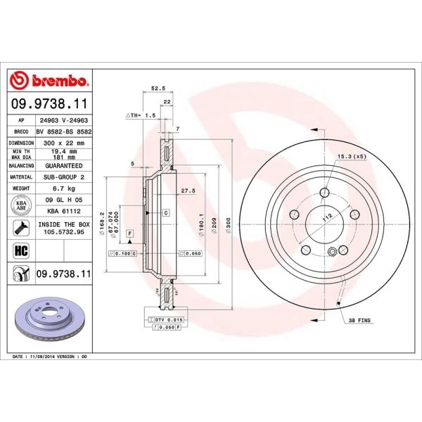 brembo UV Coated Series Vented Rear Brake Rotor 09.9738.11