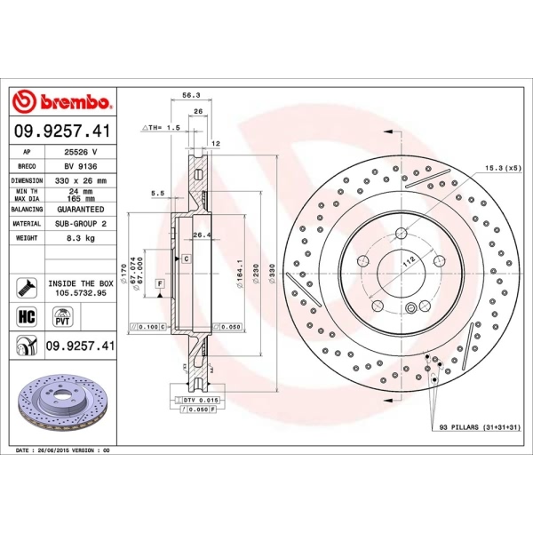 brembo UV Coated Series Drilled and Slotted Vented Rear Brake Rotor 09.9257.41