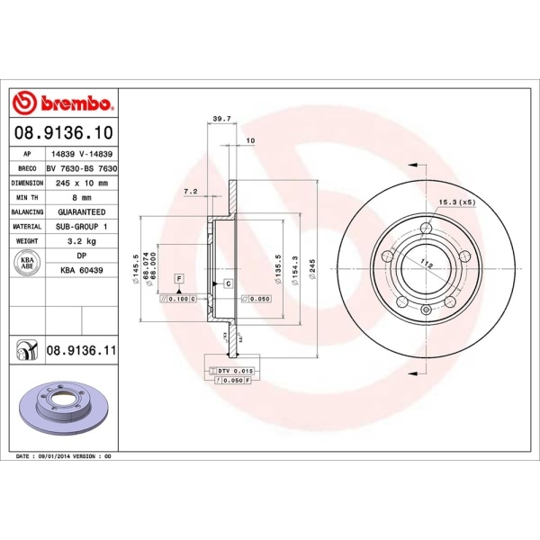 brembo UV Coated Series Solid Rear Brake Rotor 08.9136.11