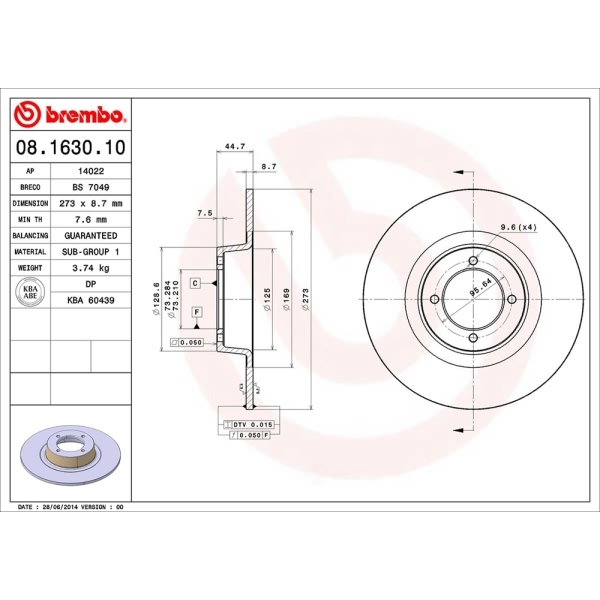 brembo OE Replacement Solid Front Brake Rotor 08.1630.10