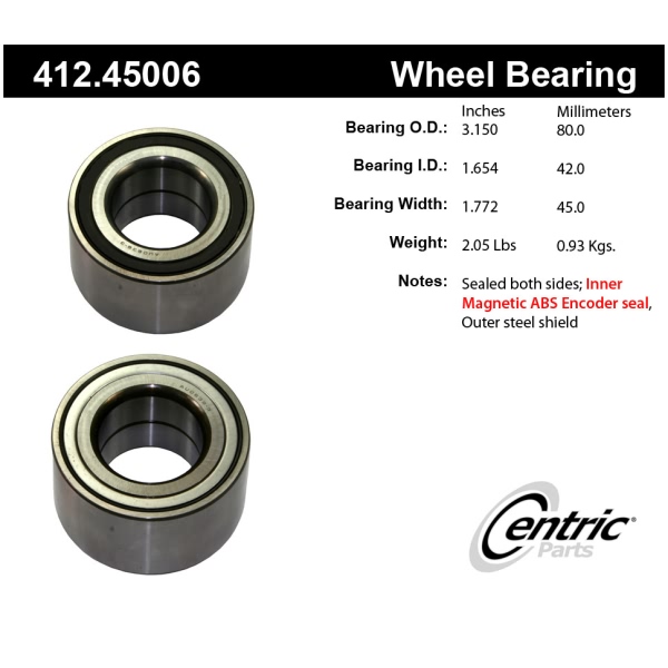 Centric Premium™ Front Passenger Side Wheel Bearing 412.45006