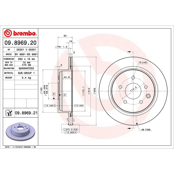 brembo UV Coated Series Rear Brake Rotor 09.8969.21