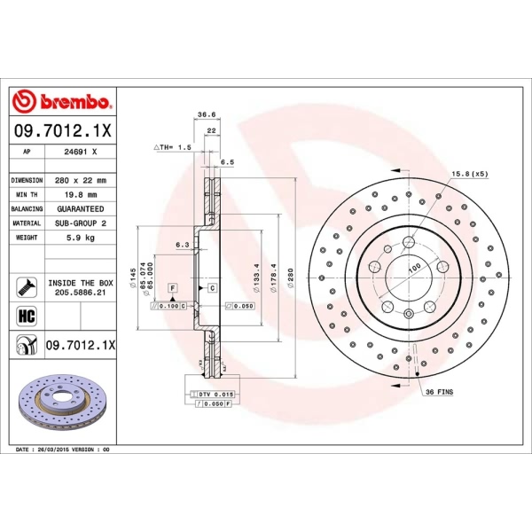 brembo Premium Xtra Cross Drilled UV Coated 1-Piece Front Brake Rotors 09.7012.1X