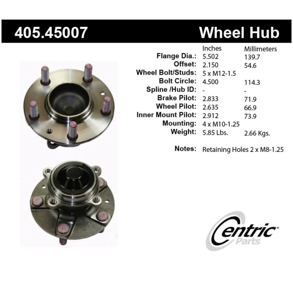Centric Premium™ Front Passenger Side Non-Driven Wheel Bearing and Hub Assembly 405.45007